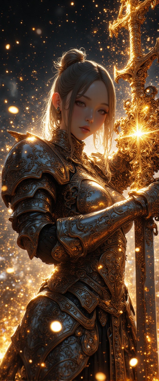 A luminous,  photorealistic image captures a The image depicts a highly detailed and intricate scene of a woman knight ,...