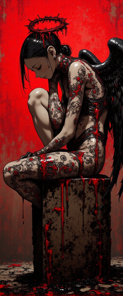 A crimson-hued nightmare unfolds as a fallen angel perches atop a weathered gravestone,  shrouded in thick fog that eerily...