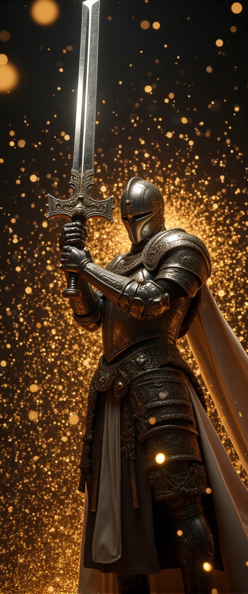A luminous,  photorealistic image captures a The image depicts a highly detailed and intricate scene of a knight in full a...