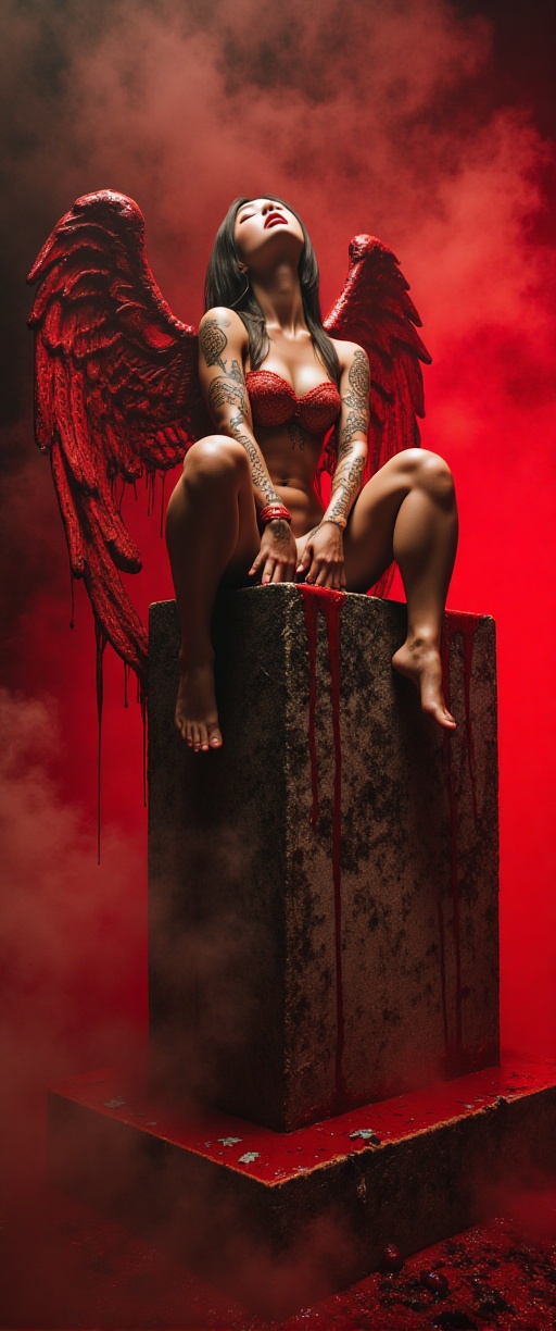 A crimson-hued nightmare unfolds as a fallen angel perches atop a weathered gravestone,  shrouded in thick fog that eerily...