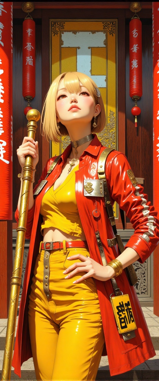 A luminous,  photorealistic oil painting-style image captures a The image depicts a stylized,  anime-inspired character st...