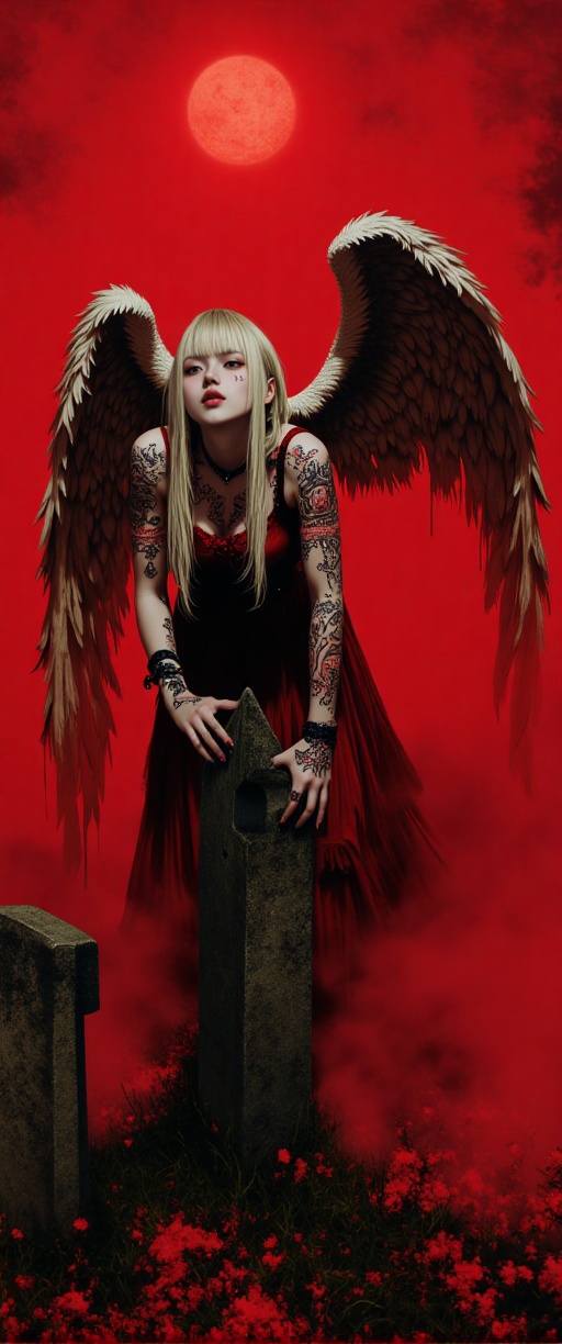 A crimson-hued nightmare unfolds as a fallen angel perches atop a weathered gravestone,  shrouded in thick fog that eerily...
