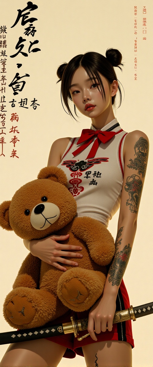 A luminous,  photorealistic image captures a The image depicts a young woman with dark hair styled in two buns. She is wea...