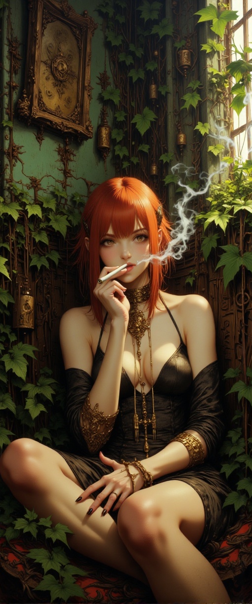 Against a backdrop of overgrown ivy vines and lush foliage,  a striking red-haired girl sits serenely,  lit cigar between...