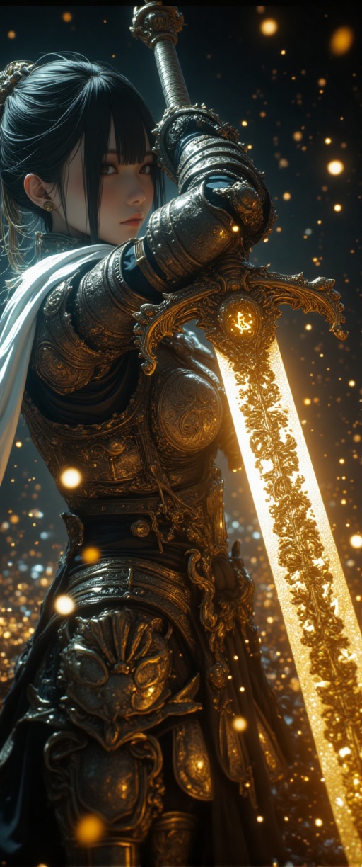 A luminous,  photorealistic image captures a The image depicts a highly detailed and intricate scene of a woman knight ,...
