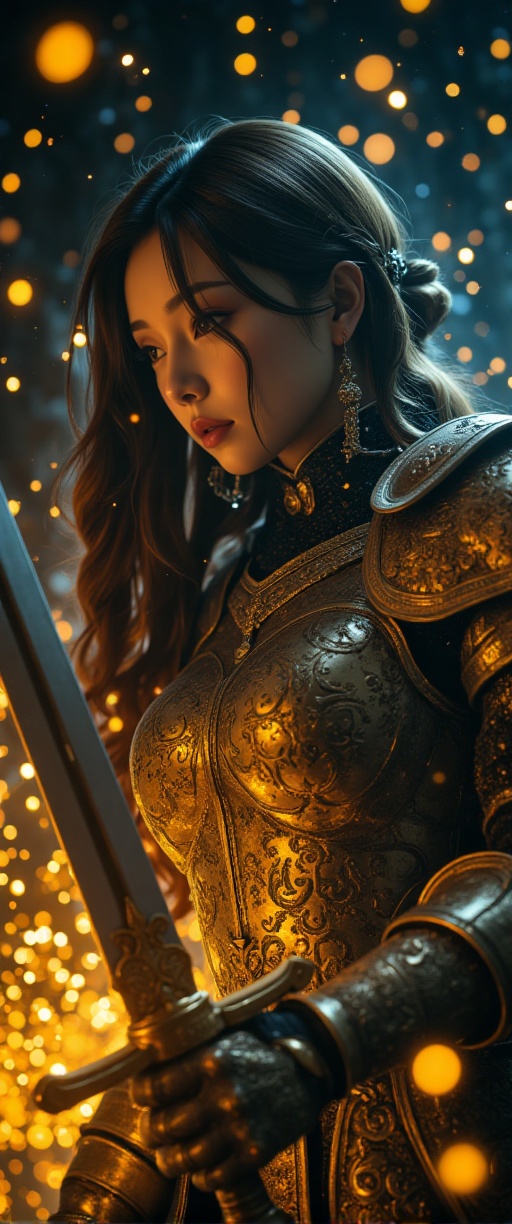 A luminous,  photorealistic image captures a The image depicts a highly detailed and intricate scene of a woman knight ,...