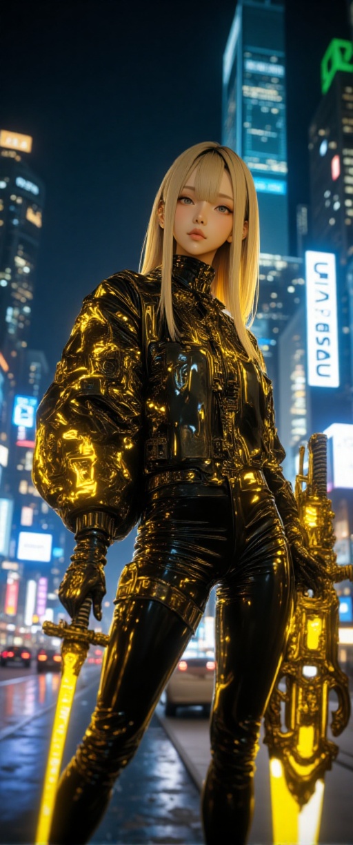 A luminous,  photorealistic image captures a The image depicts a character standing in a futuristic cityscape at night. Th...