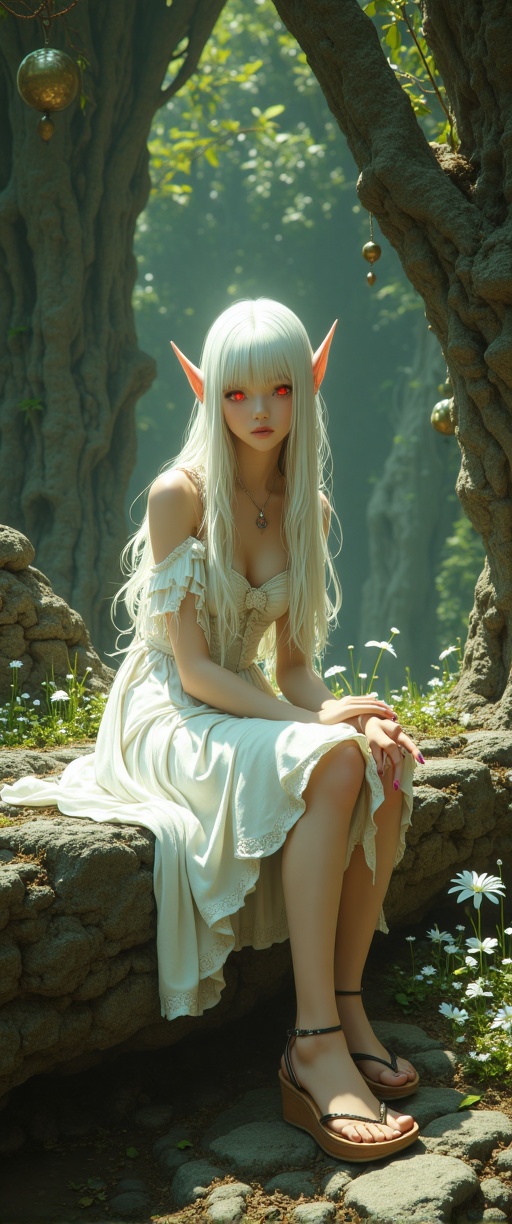 In a stunningly crafted masterpiece,  an enchanting elf maiden with long,  flowing white hair and piercing red eyes sits m...