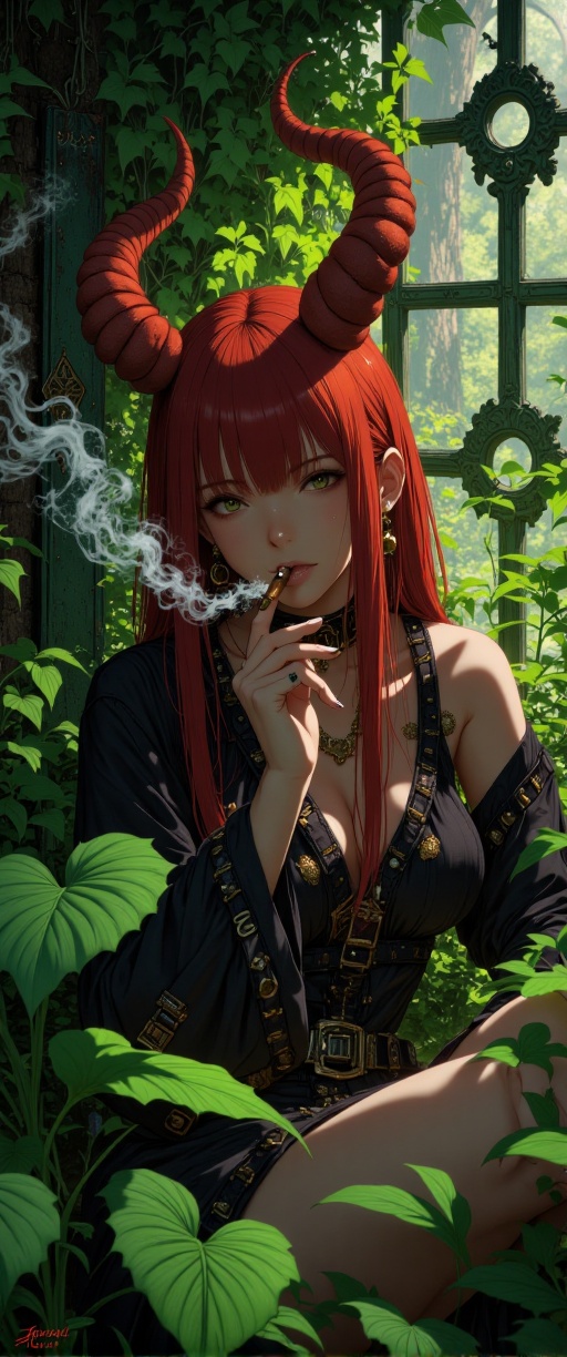 Against a backdrop of overgrown ivy vines and lush foliage,  a striking red-haired girl sits serenely,  lit cigar between...
