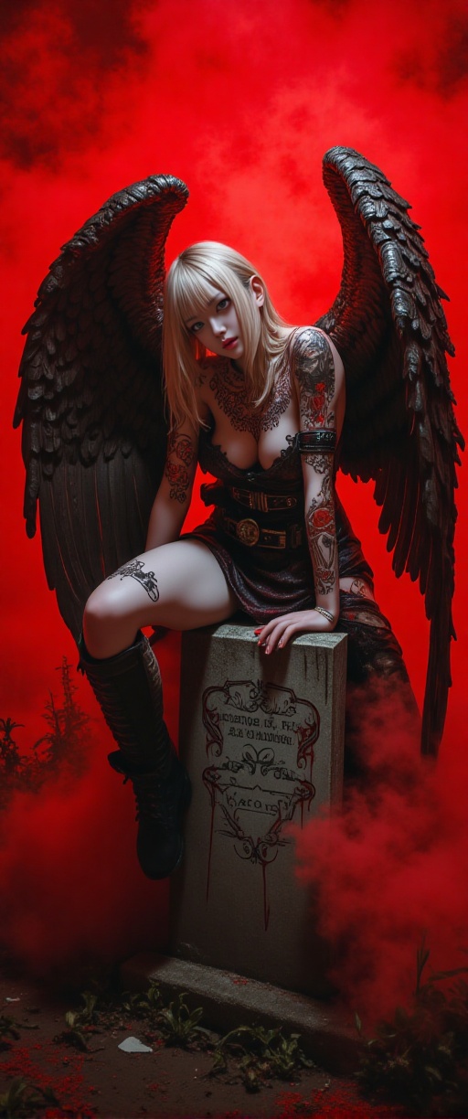 A crimson-hued nightmare unfolds as a fallen angel perches atop a weathered gravestone,  shrouded in thick fog that eerily...
