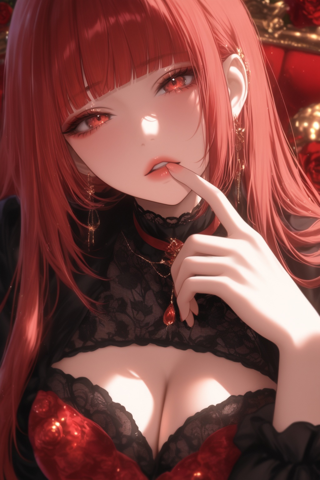 masterpiece, best quality, very aesthetic, absurdres,  upper body, 1girl, solo, looking at viewer, red hair, long hair, himecut, blunt bangs, red eyes, finger on mouth, red dress, parted lips, head tilted, indoors, illuxy_style