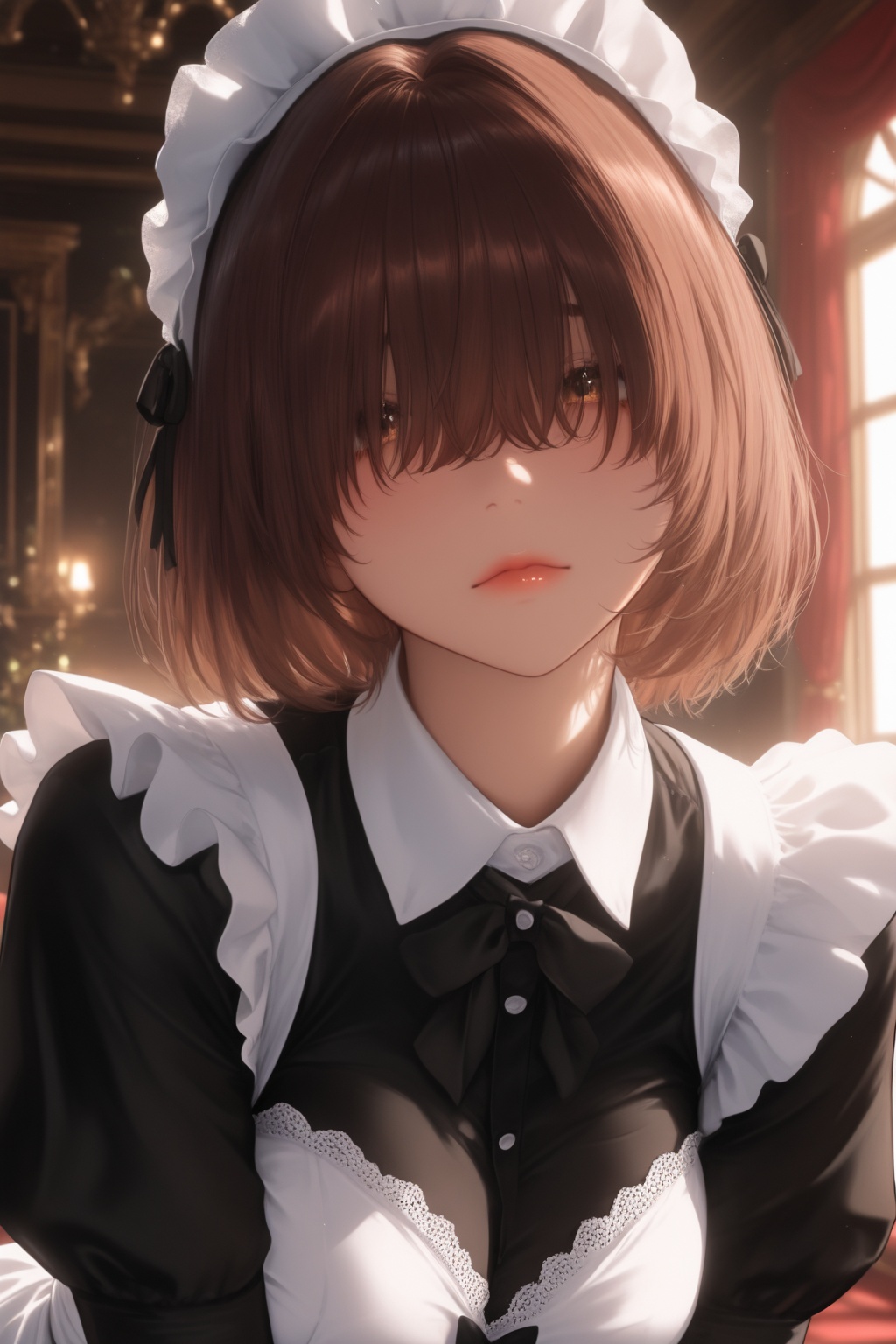 masterpiece, best quality, very aesthetic, absurdres,  upper body, leaning forward, facing viewer, 1girl, solo, looking at viewer, brown hair, short hair, hair over eyes, long bangs, maid outfit, maid hat, closed mouth, head tilted, indoors, illuxy_style