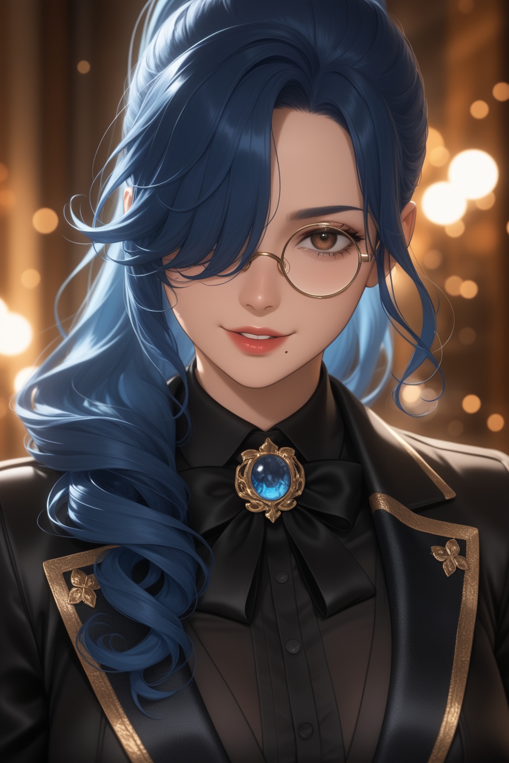 masterpiece, best quality, very aesthetic, absurdres,  upper body, 1girl, solo, looking at viewer, blue hair, long hair, ponytail, dril hair, curly hair, hair over shoulders, hair over one eye, brown eyes, red lips, monocle glasses, mole under mouth, black jacket, black bow brooch tie, black shirt, amused, smirk, parted lips, head tilted, indoors, bokeh, illuxy_style