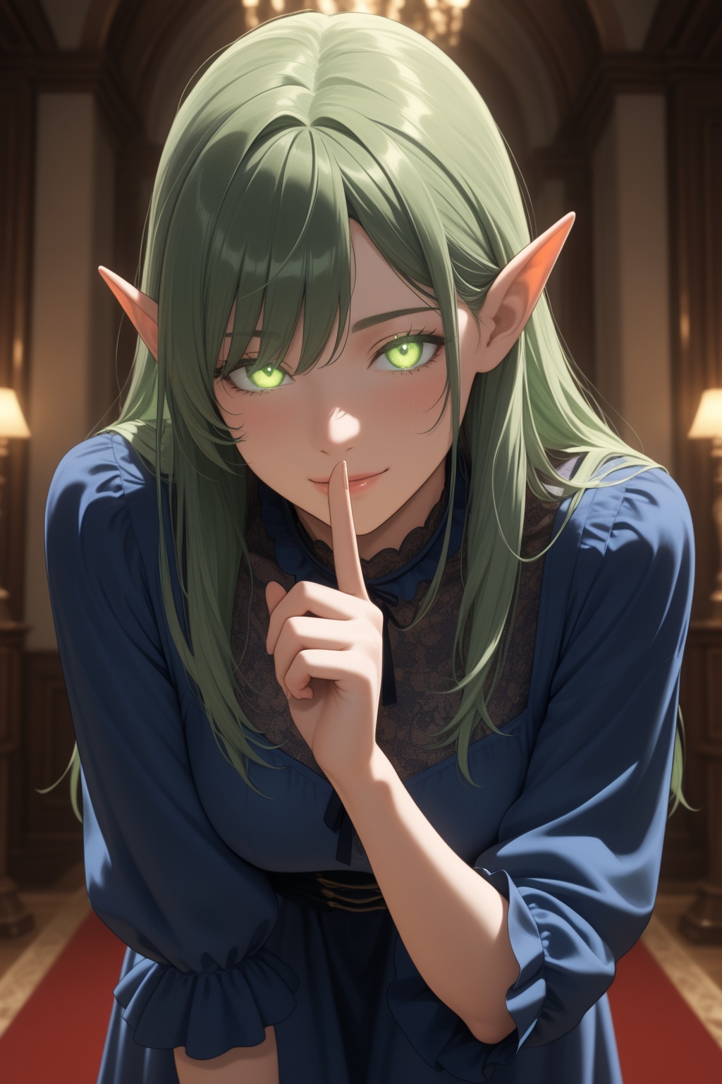 masterpiece, best quality, very aesthetic, absurdres,  upper body, leaning forward, facing viewer, 1girl, solo, looking at viewer, green hair, long hair, pointy ears, green eyes, glowing eyes, light smile, shushing, blue dress, indoors, illuxy_style
