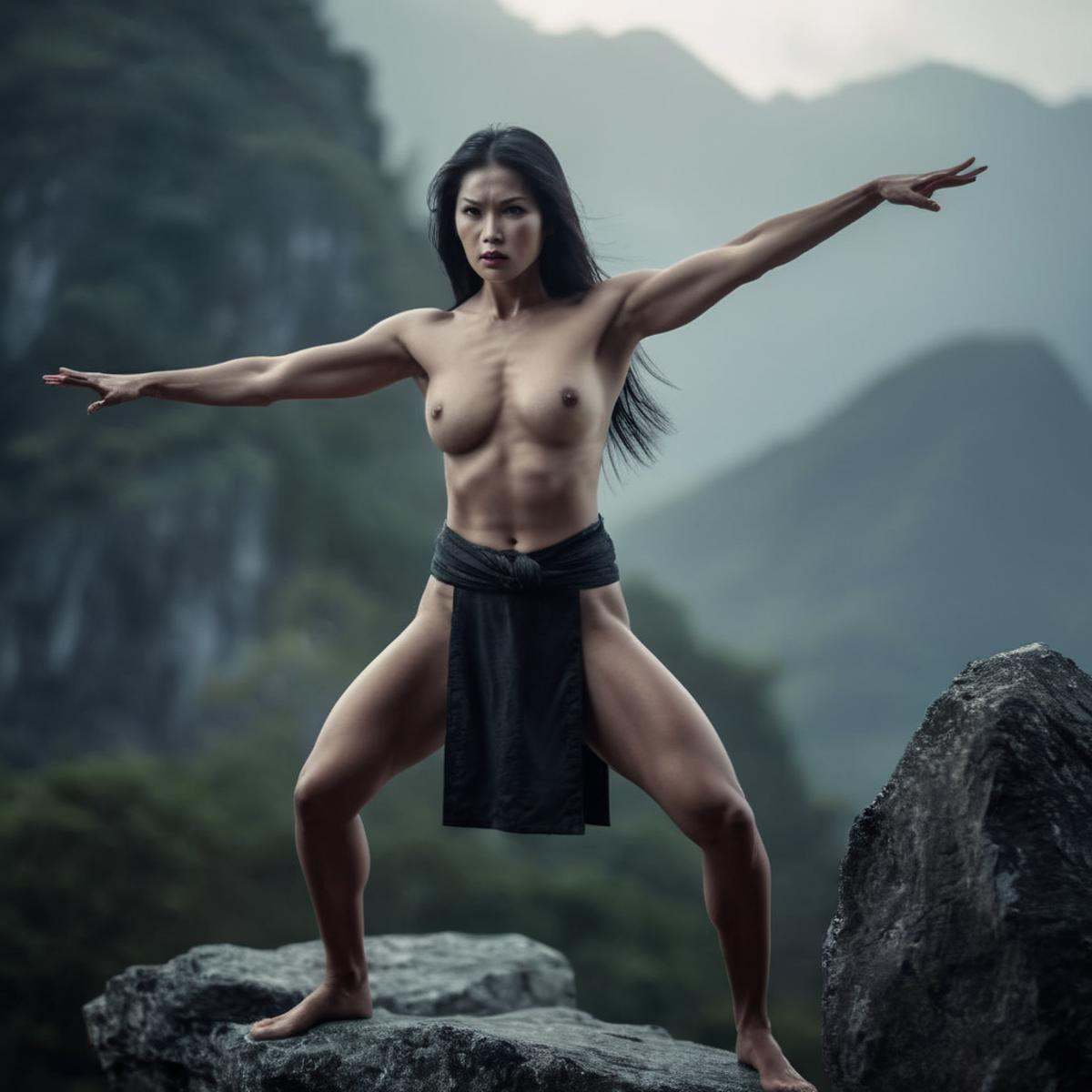 cinematic film still of a naked bodybuilding Asian vampire killer woman standing on a rock doing a karate pose cinematic v...