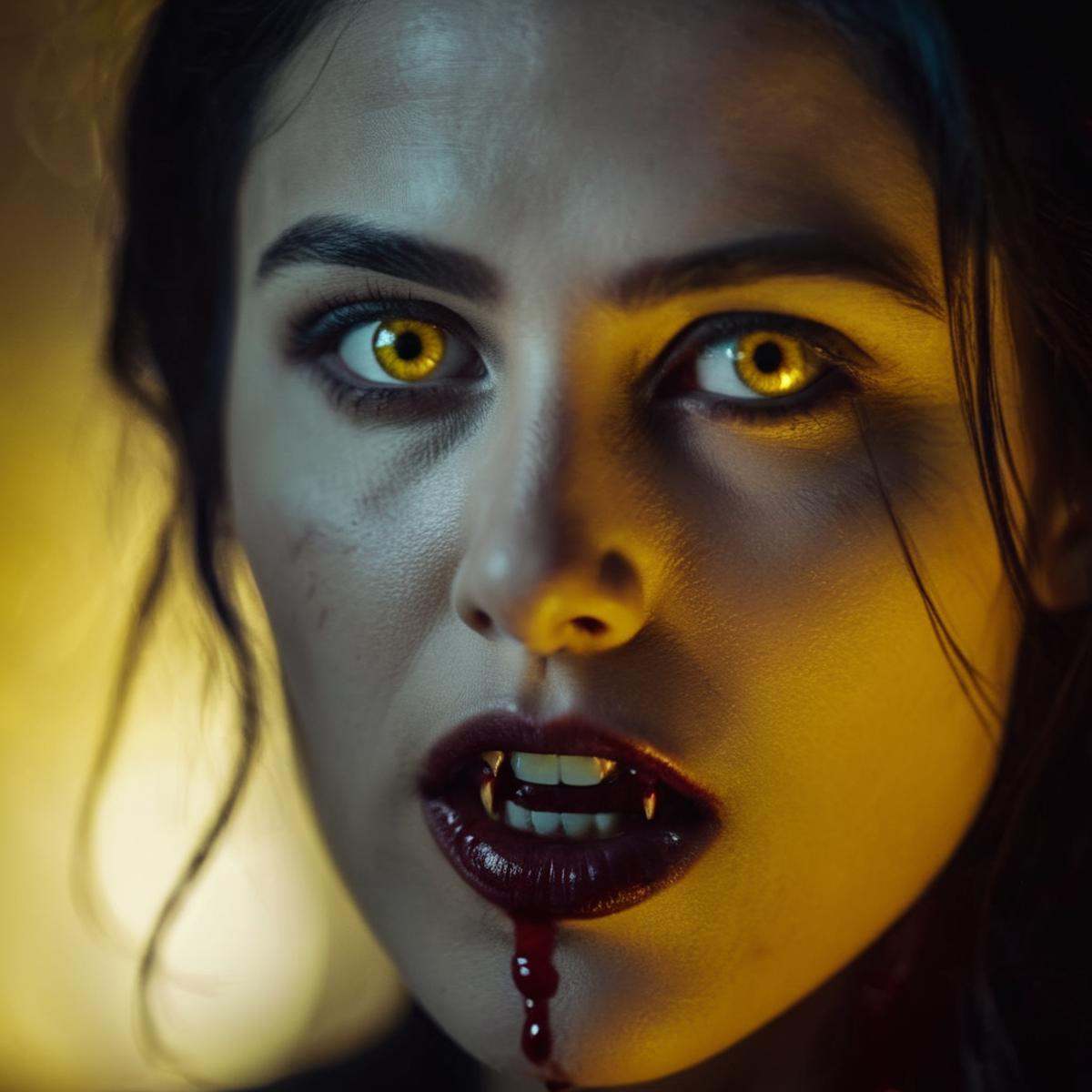 cinematic film still of a vampire woman with blood on her face and yellow eyes cinematic vampire film style,  shallow dept...