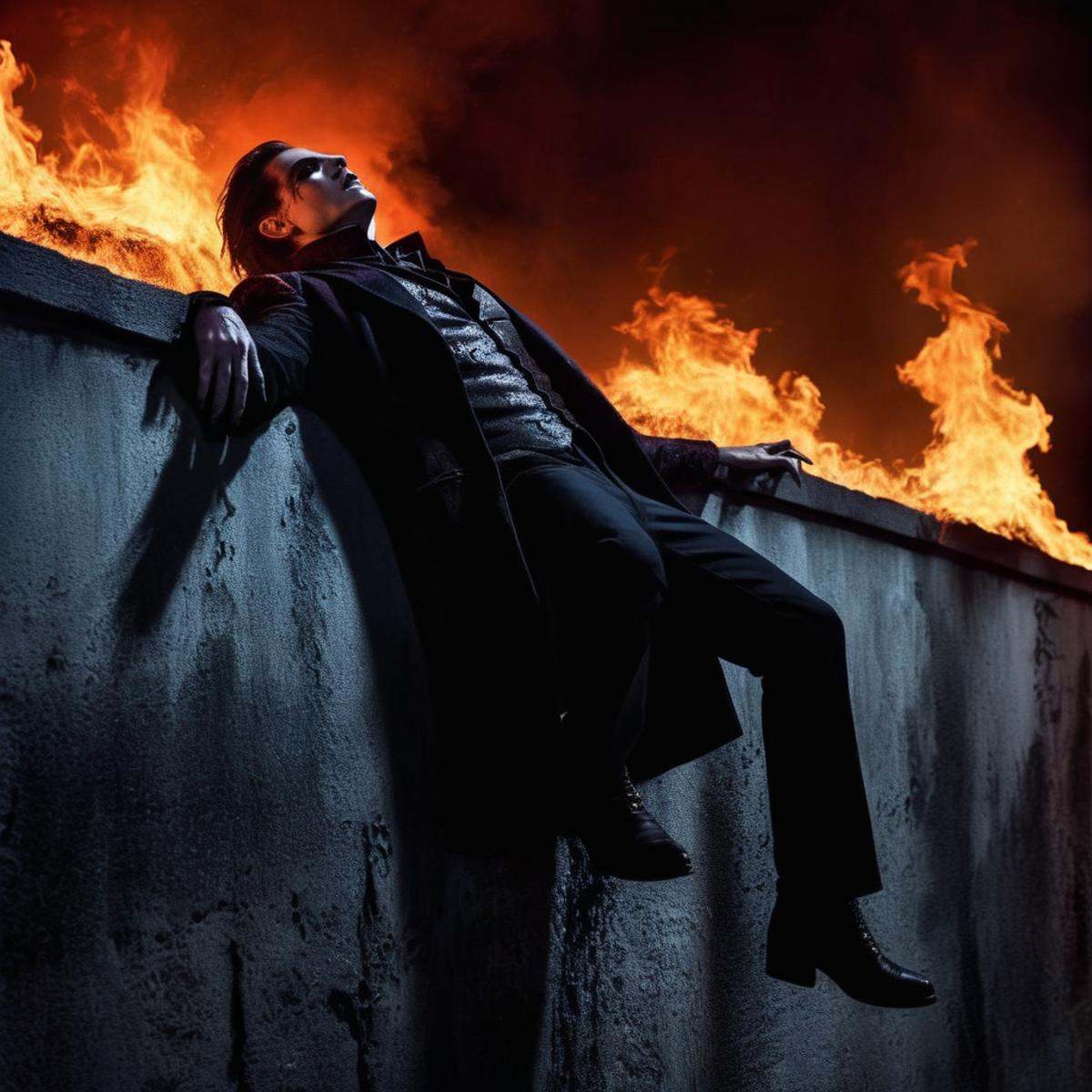 Dark Fantasy Art of a vampire laying on wall while burned by fire cinematic vampire film style,  dark,  moody on Tensor.Art