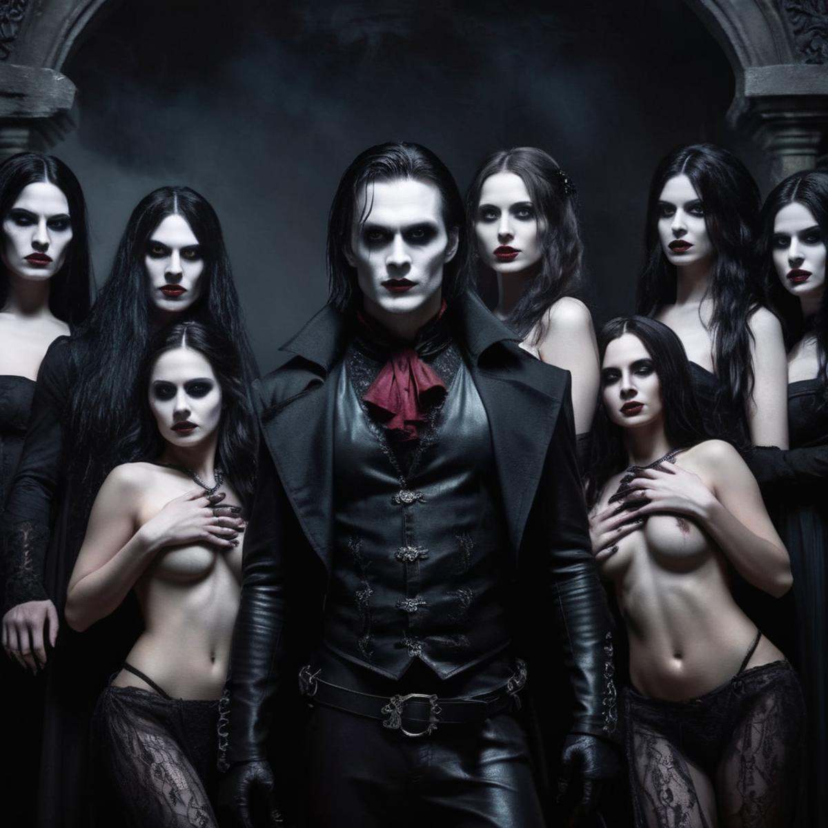 Dark Fantasy Art of a group of gothic people in costumes posing for a picture while carrying a naked woman cinematic vampi...