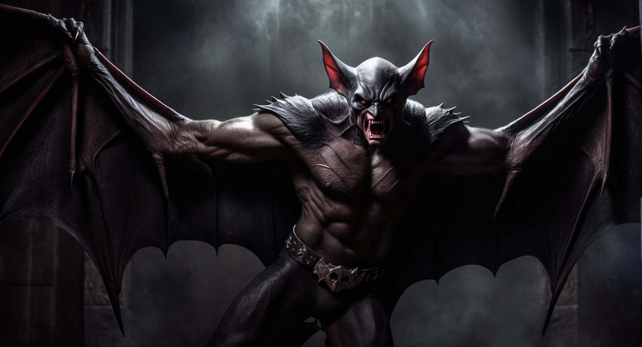 Dark Fantasy Art of a bodybuilding vampire bat demon with a large bat wings and bat hands looking scary and creepy cinemat...
