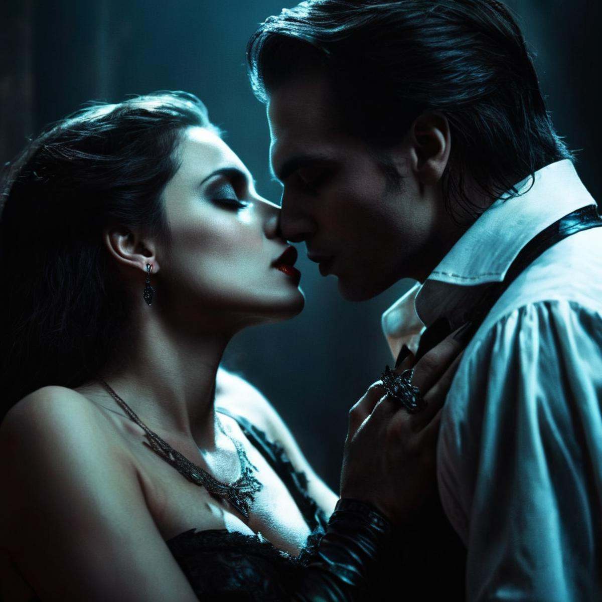 Dark Fantasy Art of a man and a woman perfectly kissing in a dark room cinematic vampire film style,  dark,  moody on Tens...