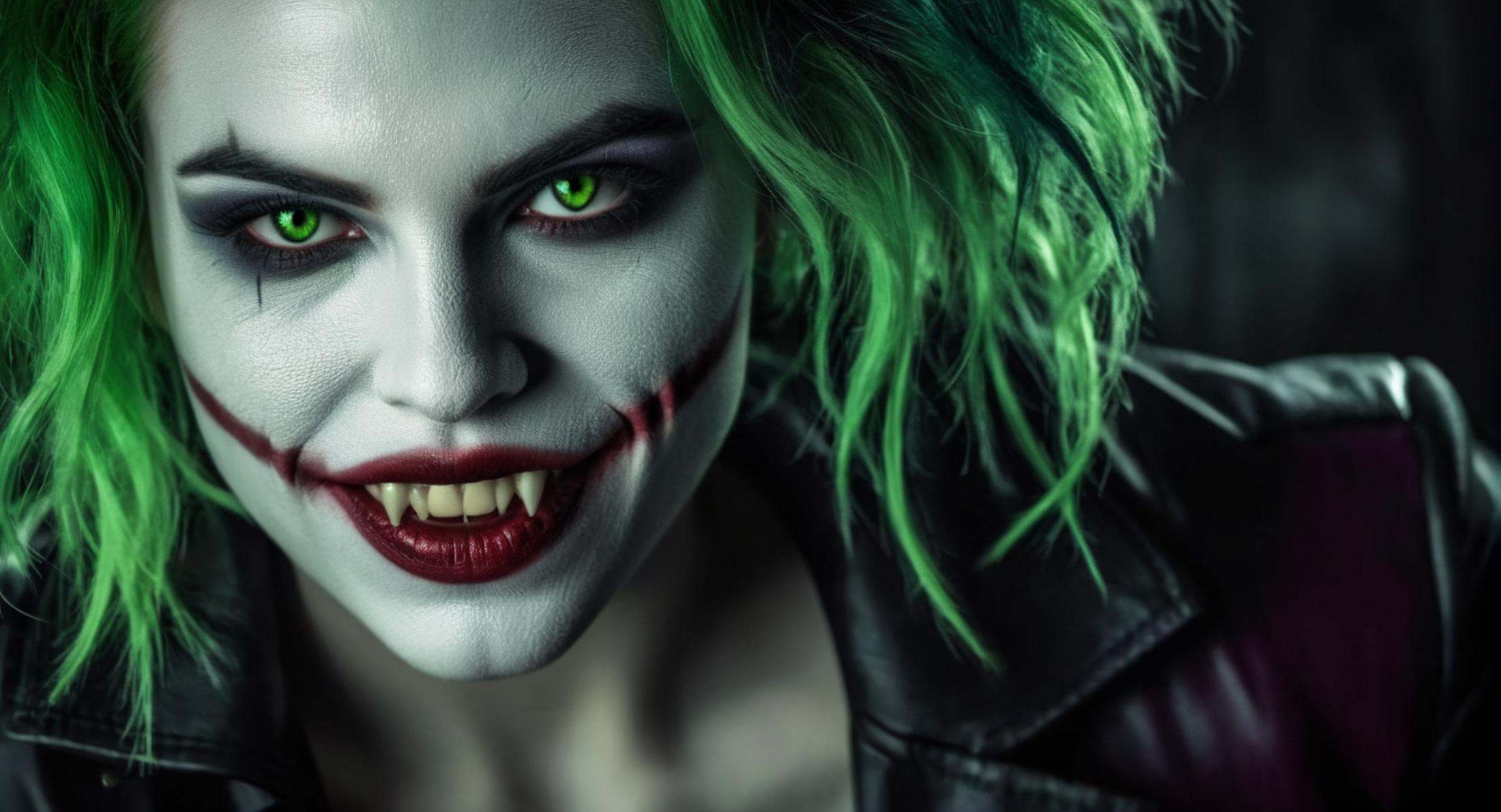 Dark Fantasy Art of a very hot vampire woman with vampire teeth and reflective grey eyes dressed as a joker with green hai...
