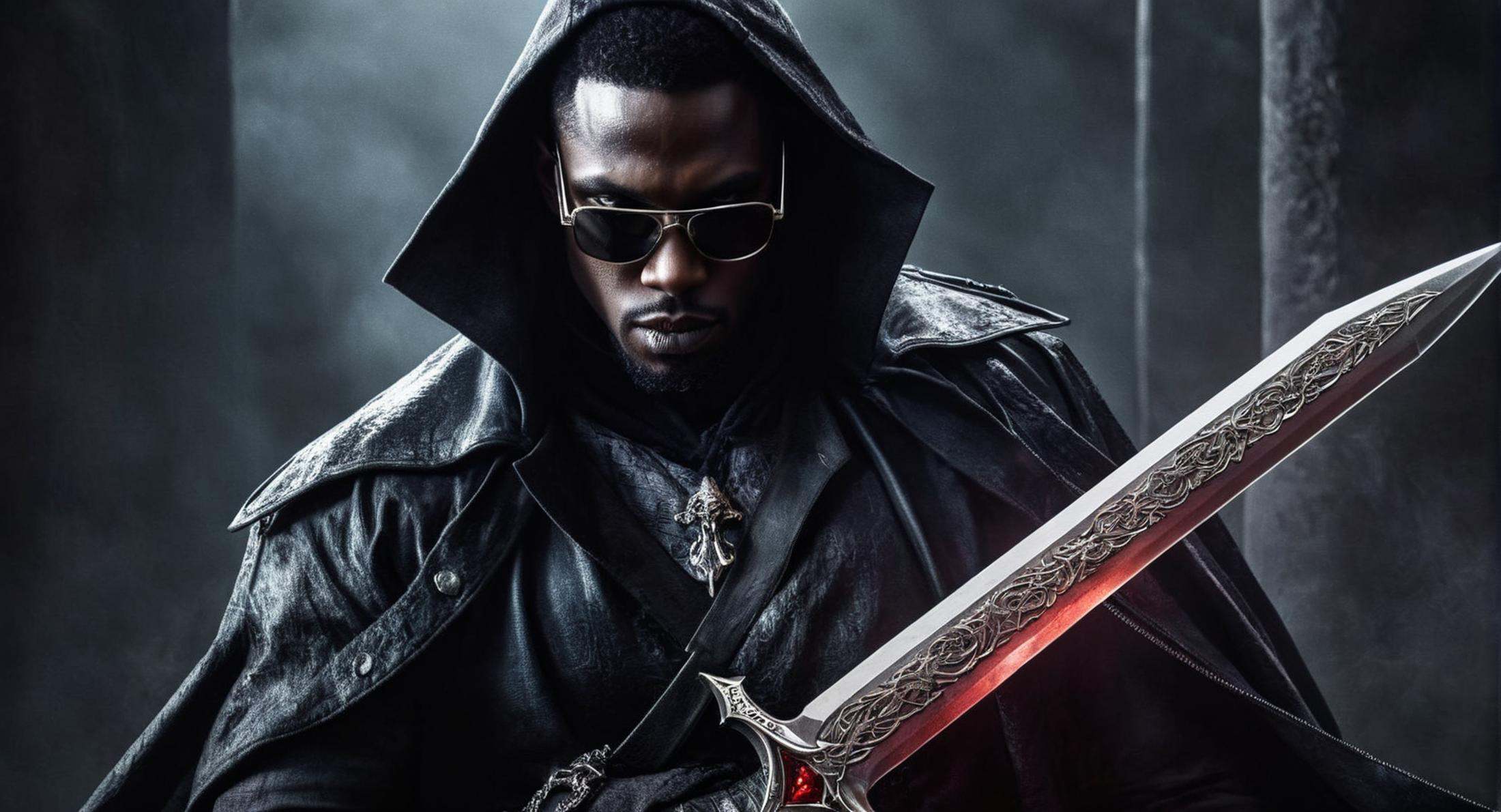 Dark Fantasy Art of blade the daywalker a black vampire man with vampire face and vampire teeth posing with sunglasses and...