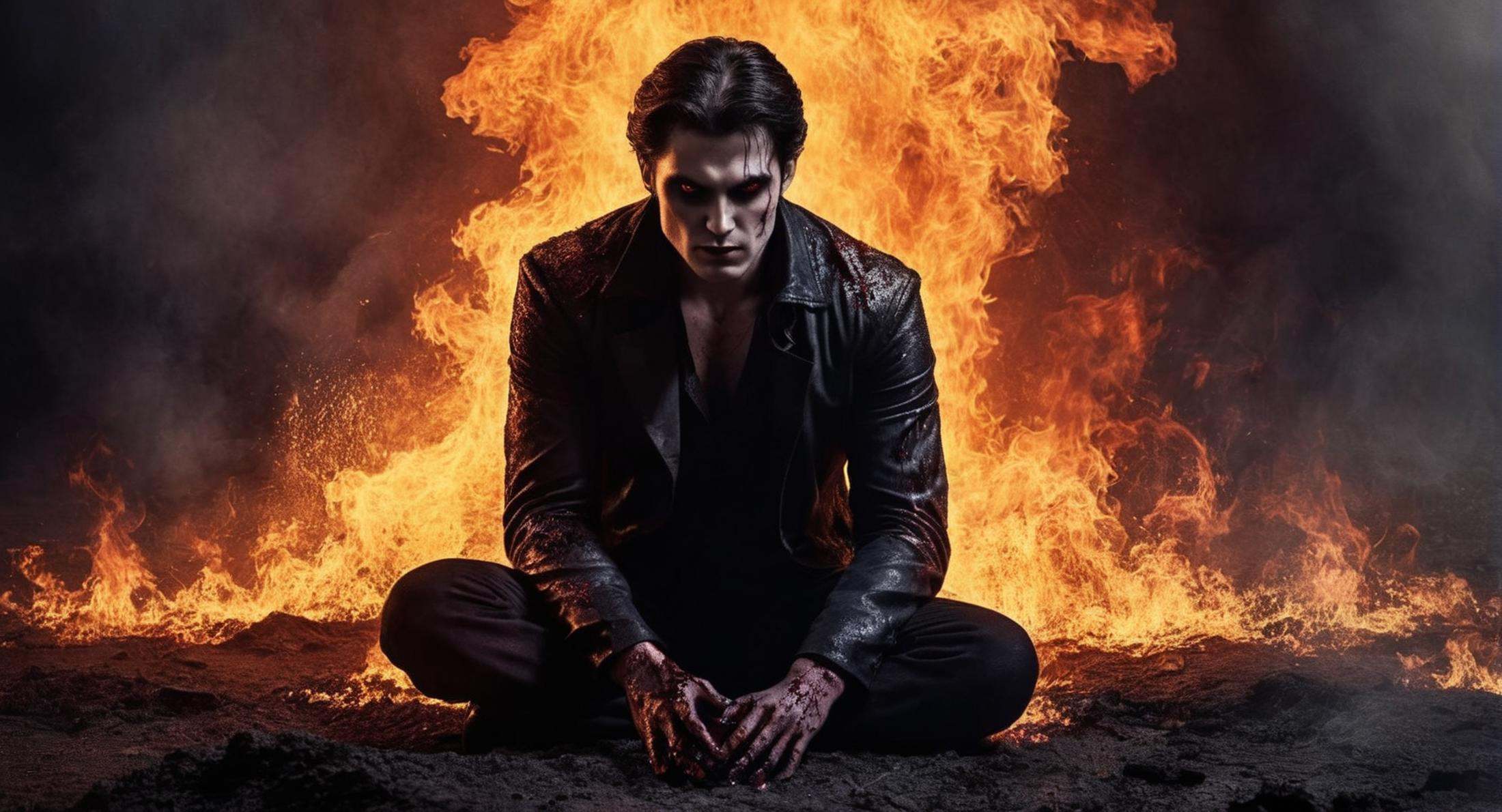Dark Fantasy Art of a vampire man sitting on earth ground while being disintegrated in flames by the heat of the sun cinem...