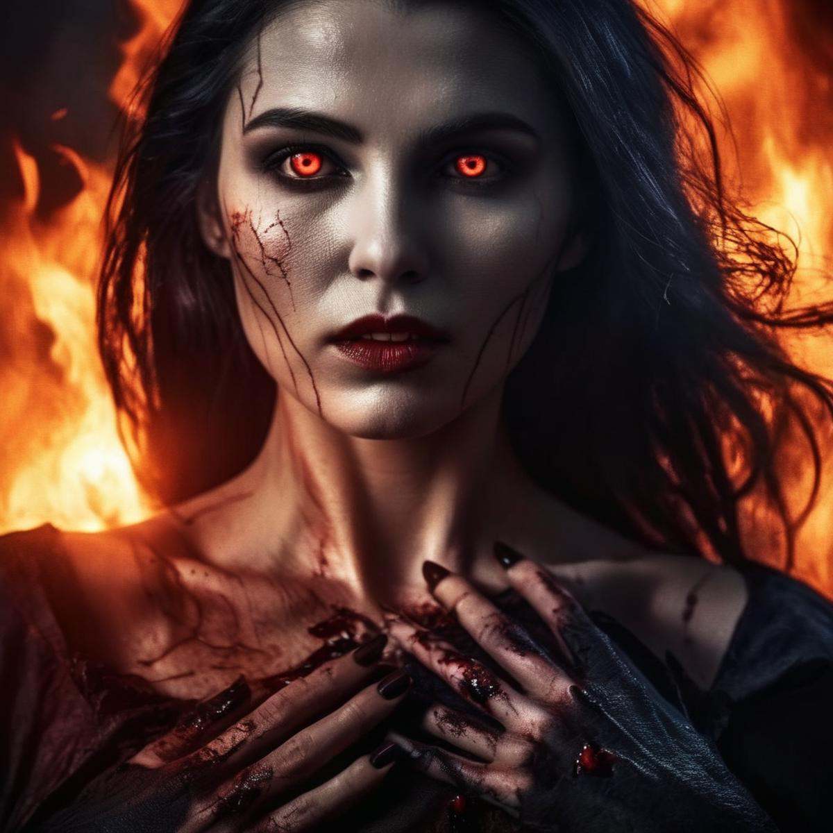 Dark Fantasy Art of a vampire woman is burned alive by the heart of the sun with burn marks on her arm cinematic vampire f...