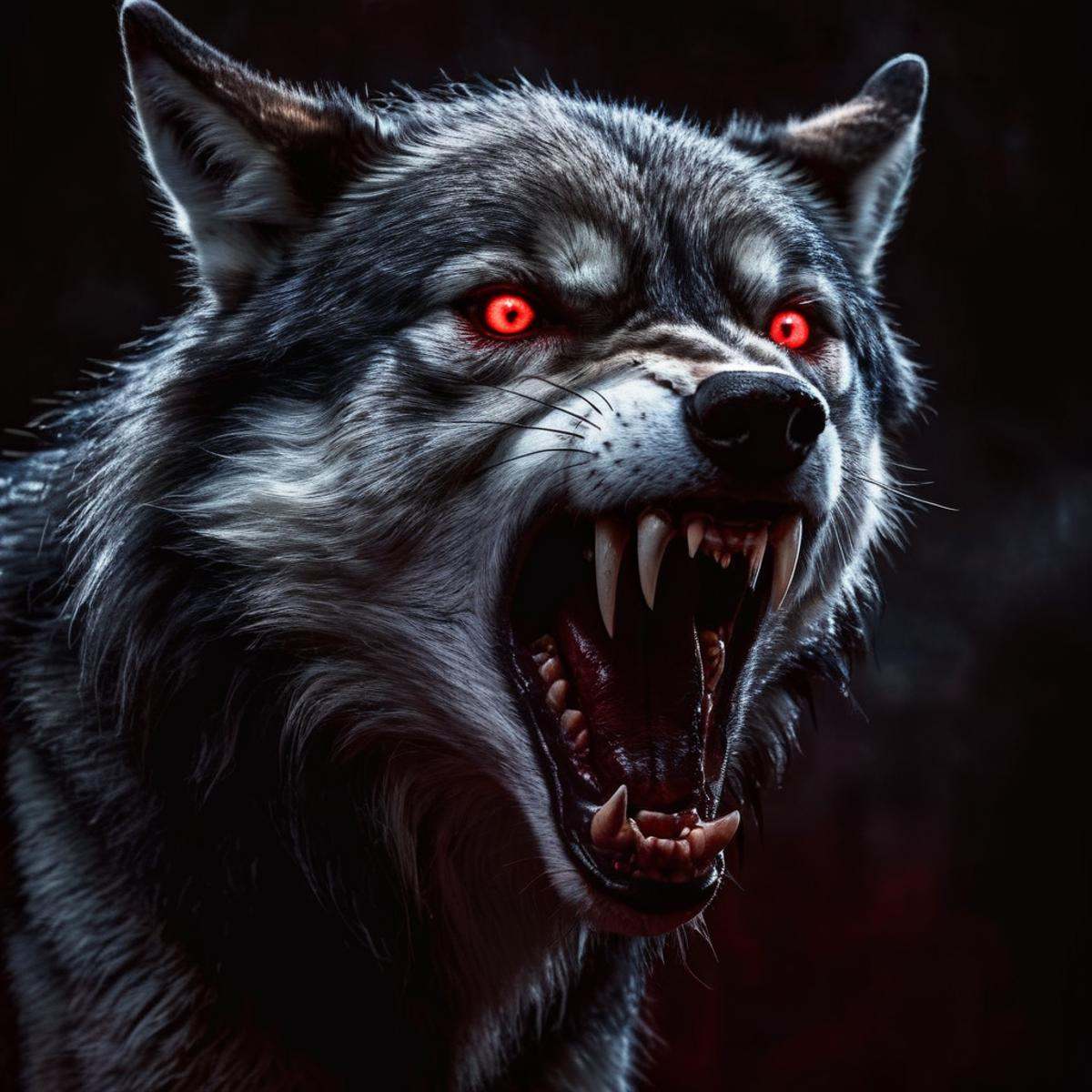Dark Fantasy Art of an epic vampire wolf with red eyes and vampire teeth with a black background cinematic vampire film st...