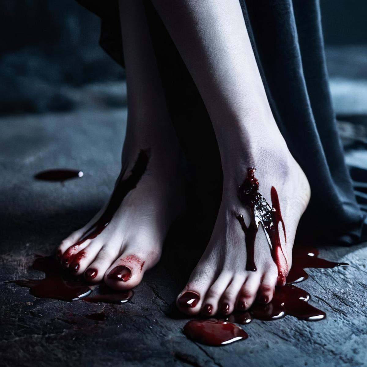 Dark Fantasy Art of a vampire with blood on their perfect feet and vampire nails cinematic vampire film style,  dark,  moo...