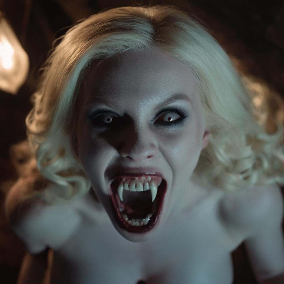cinematic film still of From above,  Vampire pale skin undead creatures of the night a woman with a very big mouth and a v...