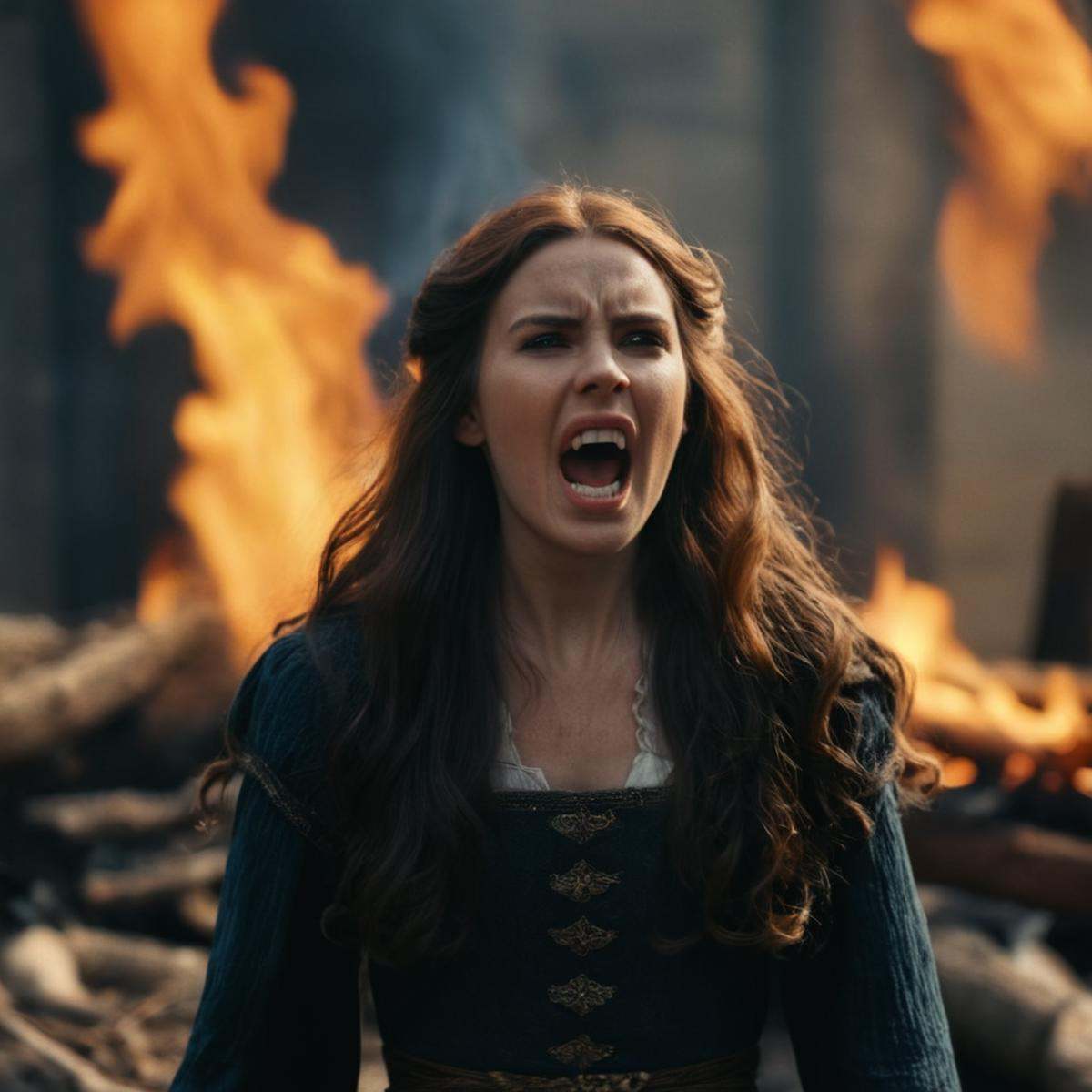 cinematic film still of middle ages medieval era a woman with long hair standing in front of a fire while screaming in ago...