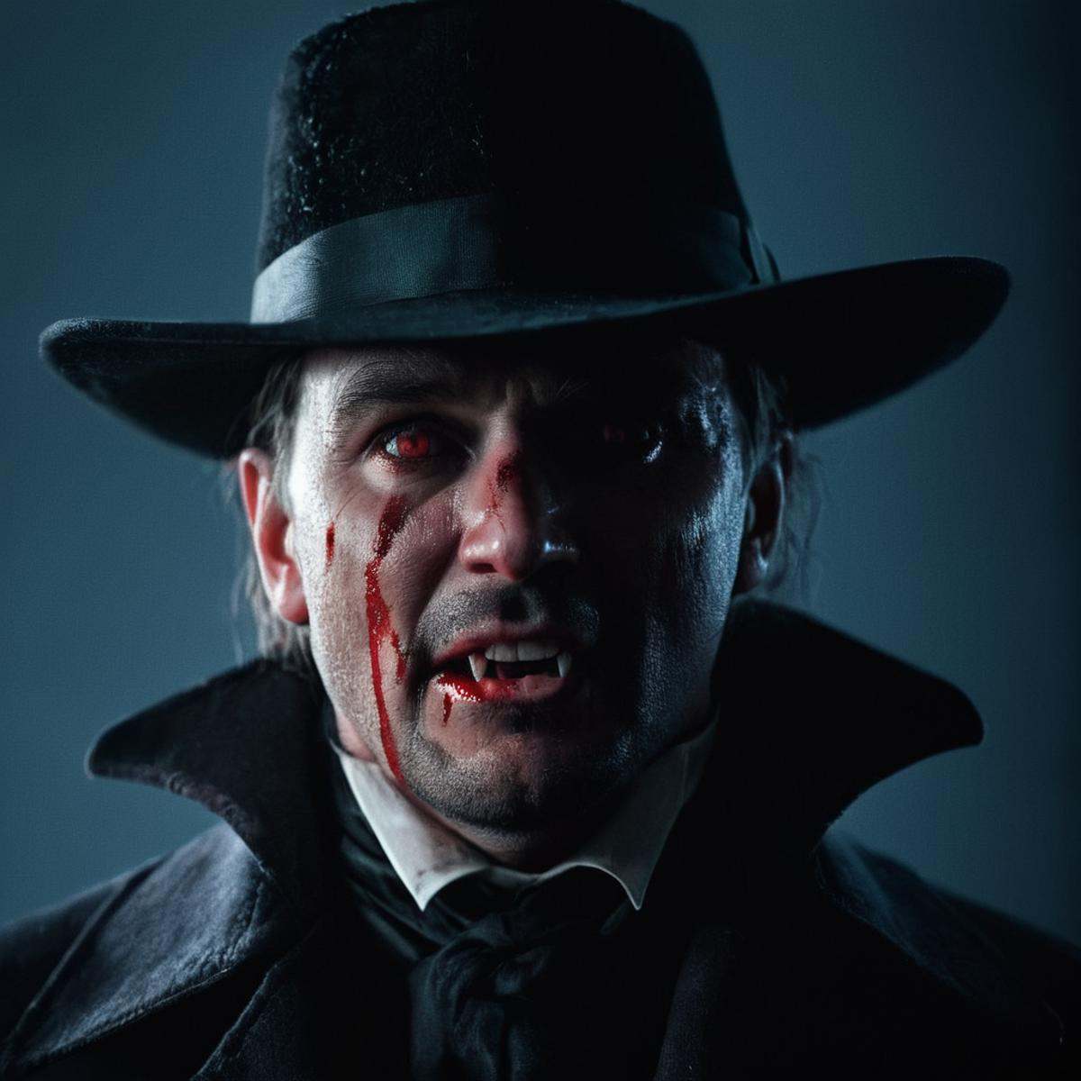 cinematic film still of Abraham Van Helsing a man with a bloody face and a hat,  solo,  1boy on Tensor.Art