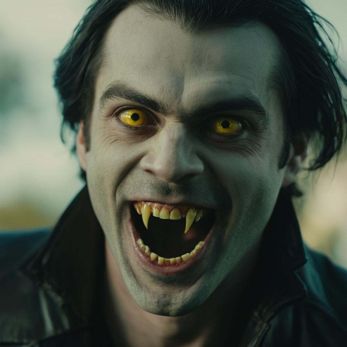 cinematic film still of Vampire pale skin undead creatures of the night a closeup of a vampire man with a big grin on his...