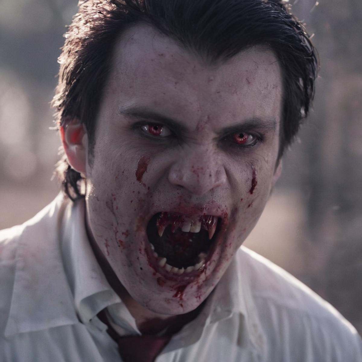 cinematic film still of Vampire pale skin undead creatures of the night a man with a bloody face and a white shirt,  solo,...
