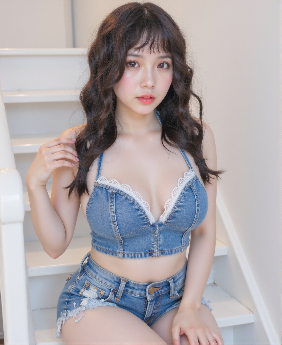 A young Japanese girl. age19,  is seated on a white staircase. very big breasts. She is light-skinned with dark brown,  ve...