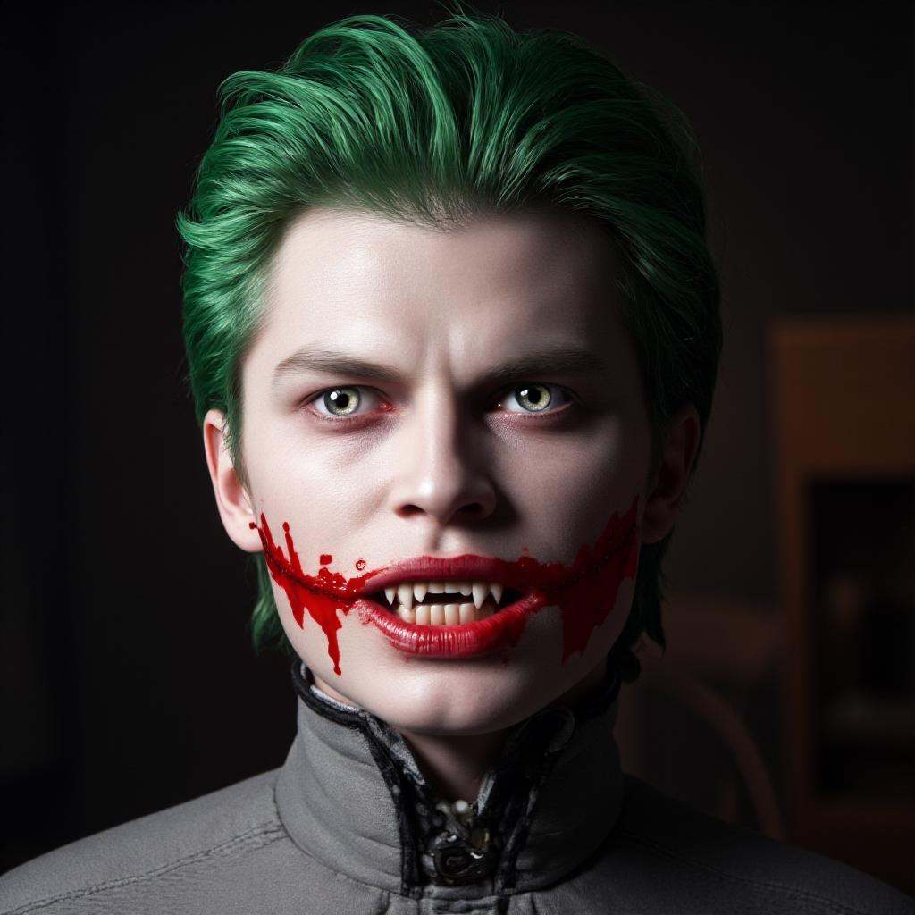 cinematic film still of Vampire pale skin undead creatures of the night a Joker man with green hair and a green nose,  sol...