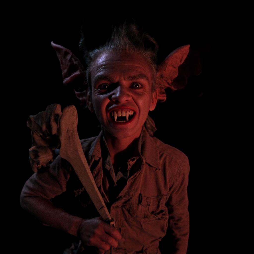 cinematic film still of Vampire Bat Creature a creepy looking man with red eyes and a knife,  solo,  simple background on...