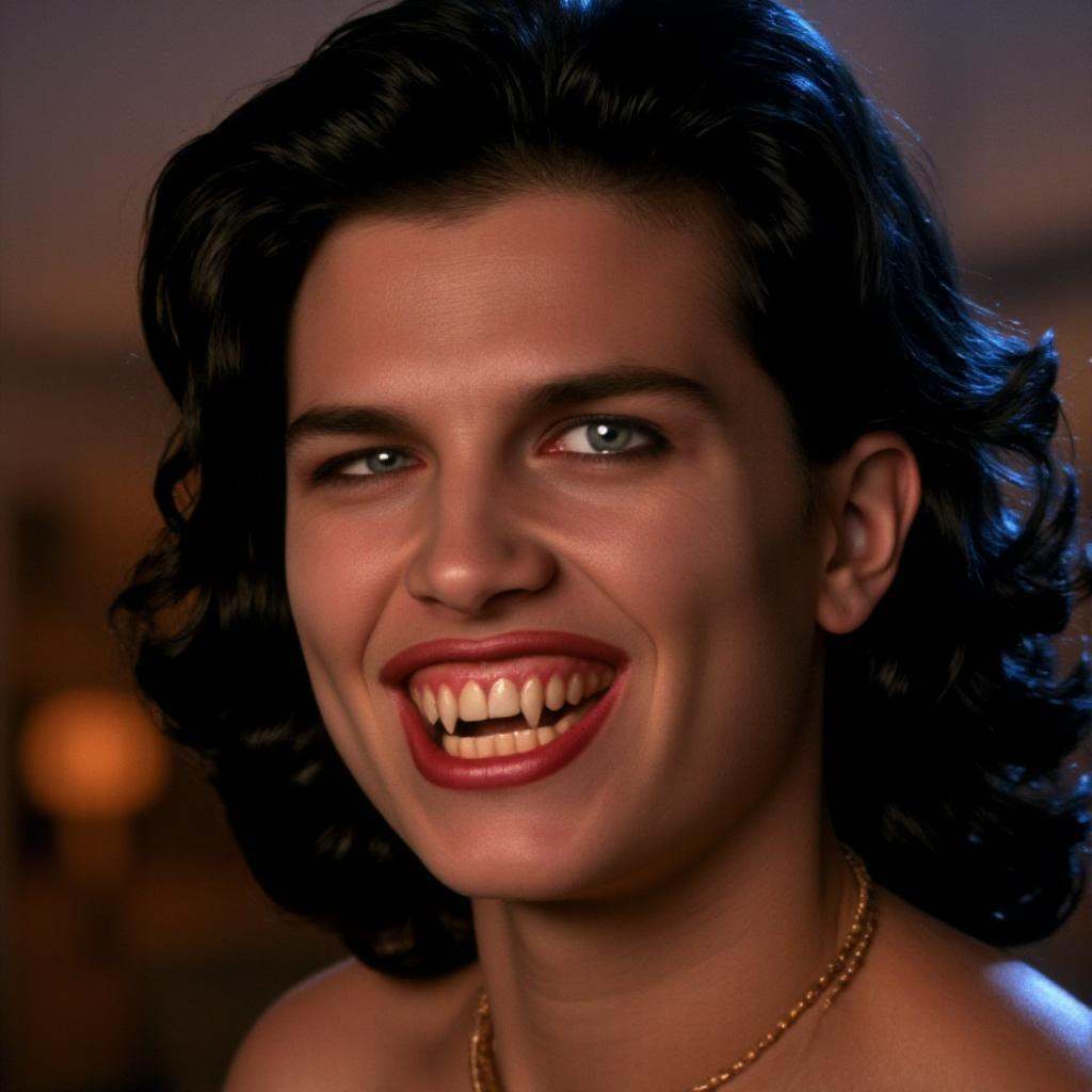 cinematic film still of Vampire pale skin undead creatures of the night a closeup of a vampire man with a big grin on his...