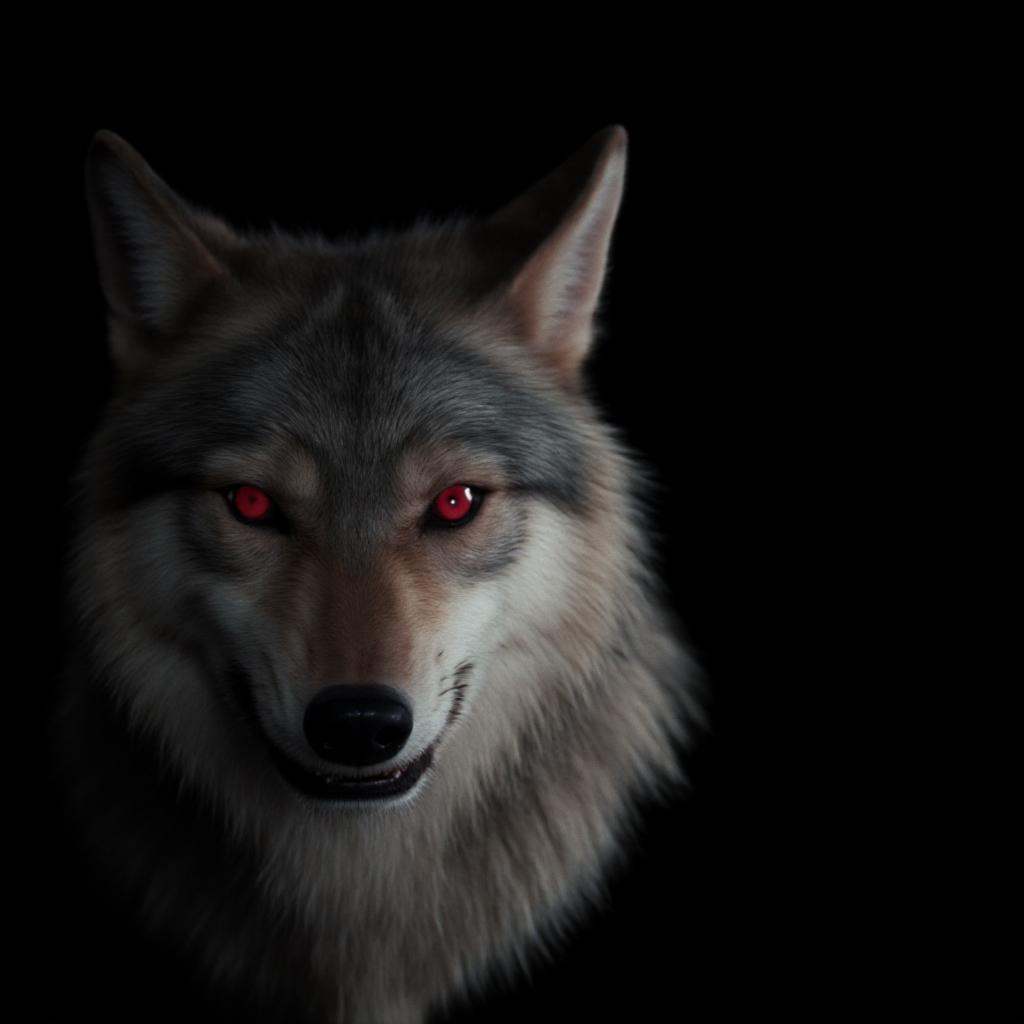 cinematic film still of Vampire pale skin undead creatures of the night a wolf with red eyes and a black background,  solo...