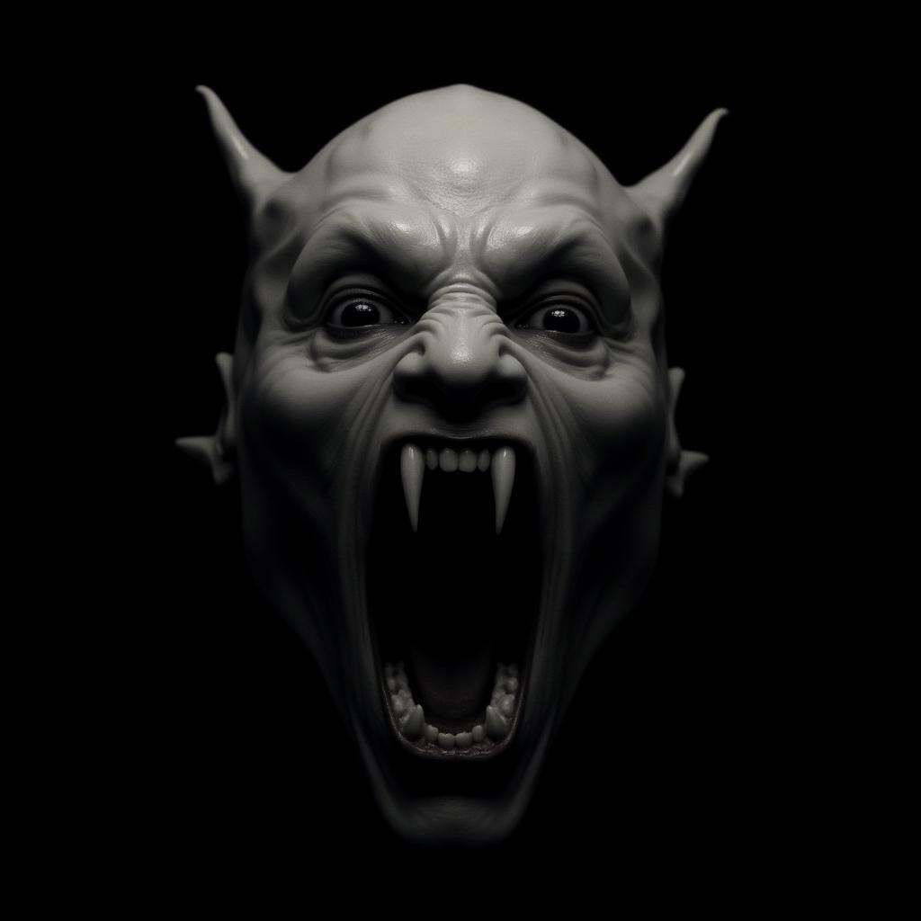 Horror-themed,  In Horror style Vampire Fangs a creepy looking vampire monster creature with its mouth open and vampire fa...