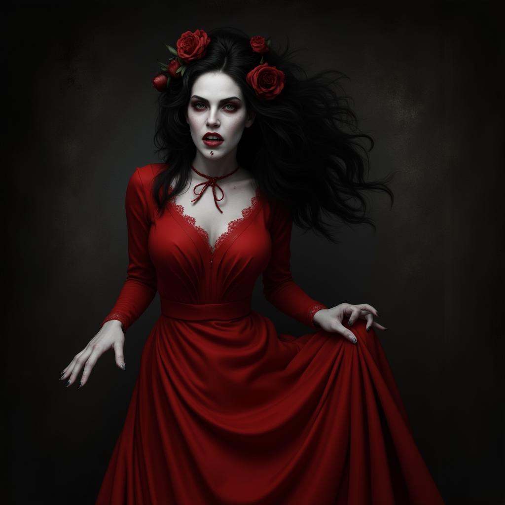 Horror-themed,  a pale woman in a red dress vampire style,  Eerie on Tensor.Art