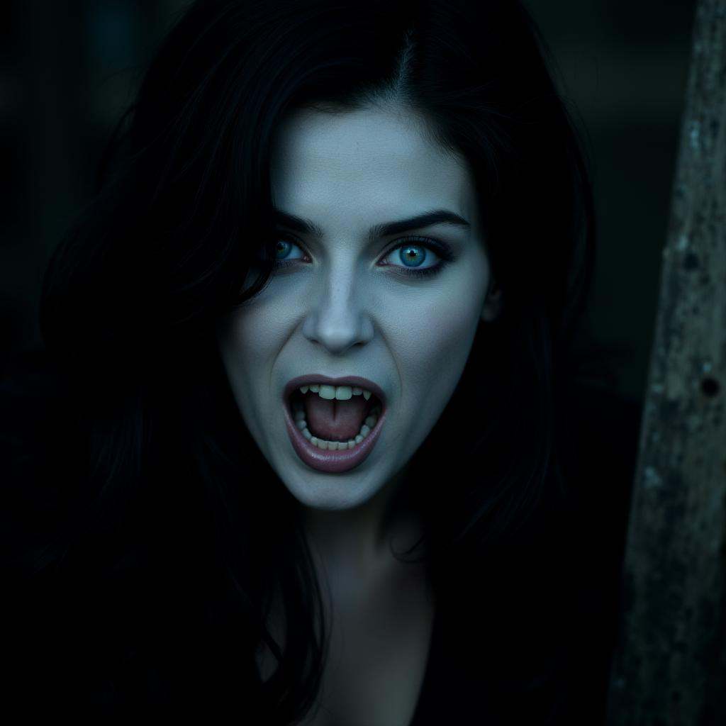 Horror-themed,  Selene an underworld pale skin vampire woman with epic blue eyes and a black hair and vampire teeth fangs...