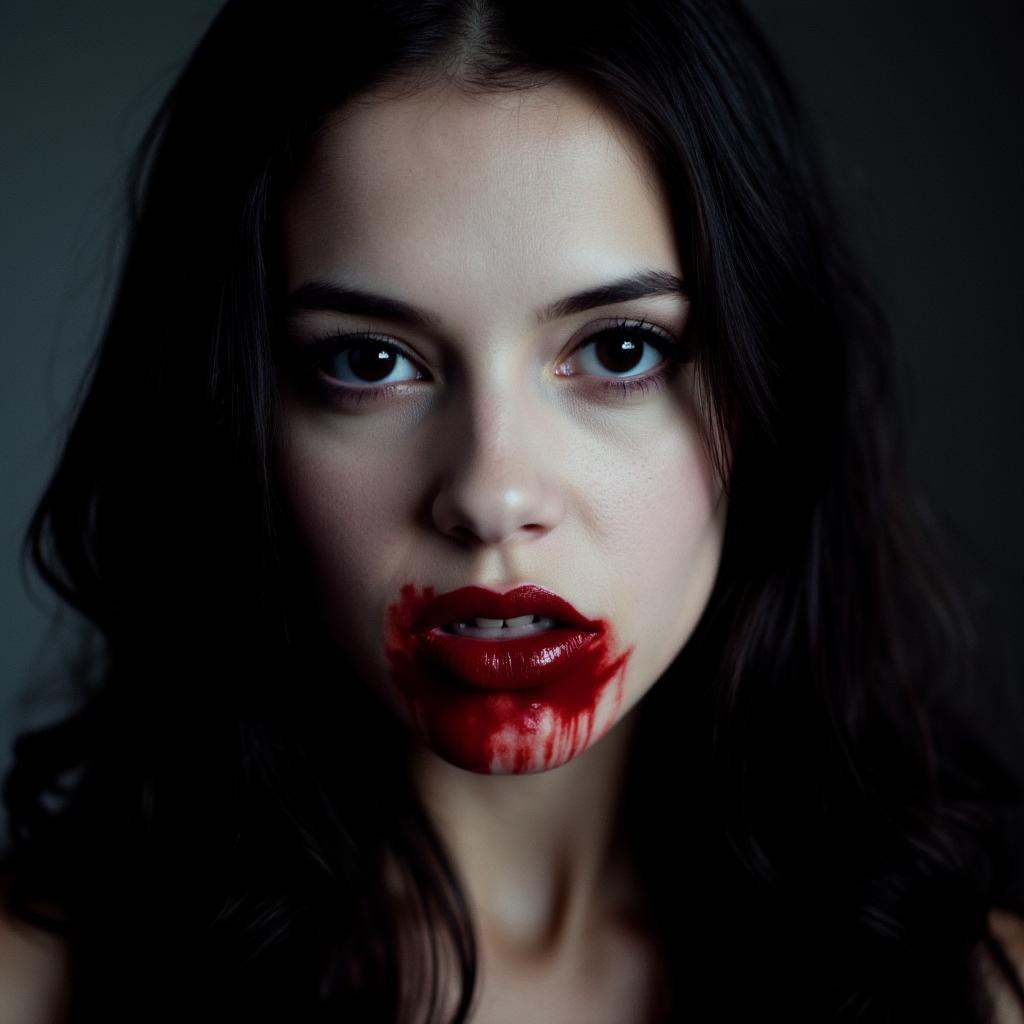 Horror-themed,  In Horror style Vampire Fangs a cute young pale skin vampire young woman with blood on her mouth and dark...