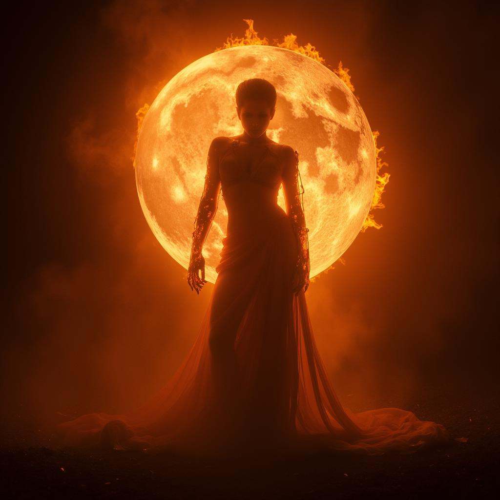 Horror-themed,  a vampire woman is on fire and completely disintegrated and burned by the sun cinematic vampire film style...