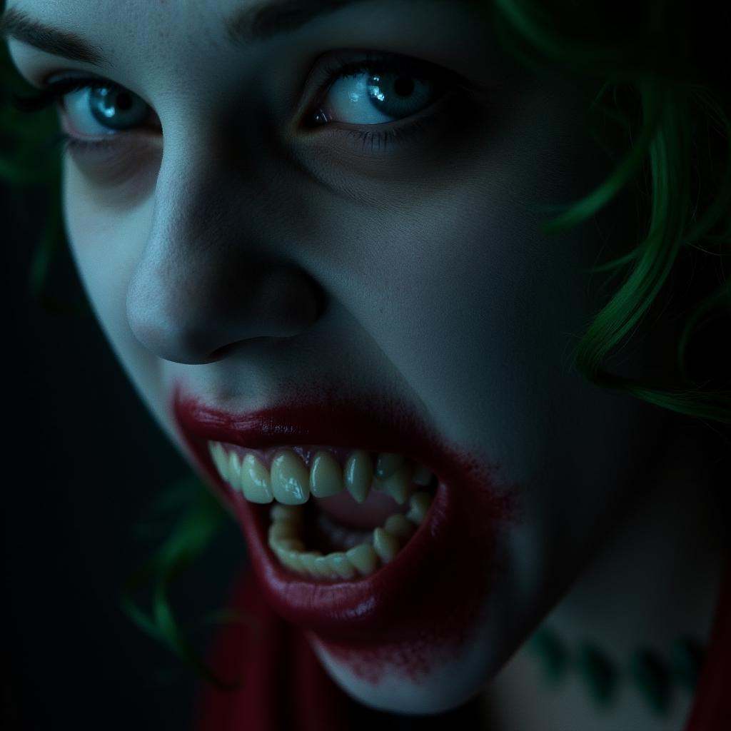 Horror-themed,  a vampire woman with vampire teeth and reflective grey eyes dressed as a joker with green hair cinematic v...