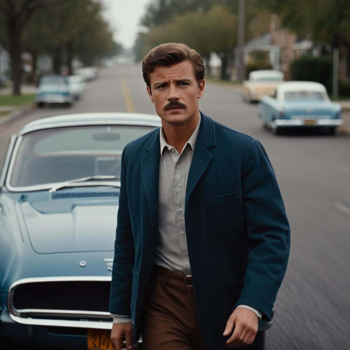 cinematic film still of In the 1960's a man walking across a street next to a car,  solo,  brown hair on Tensor.Art