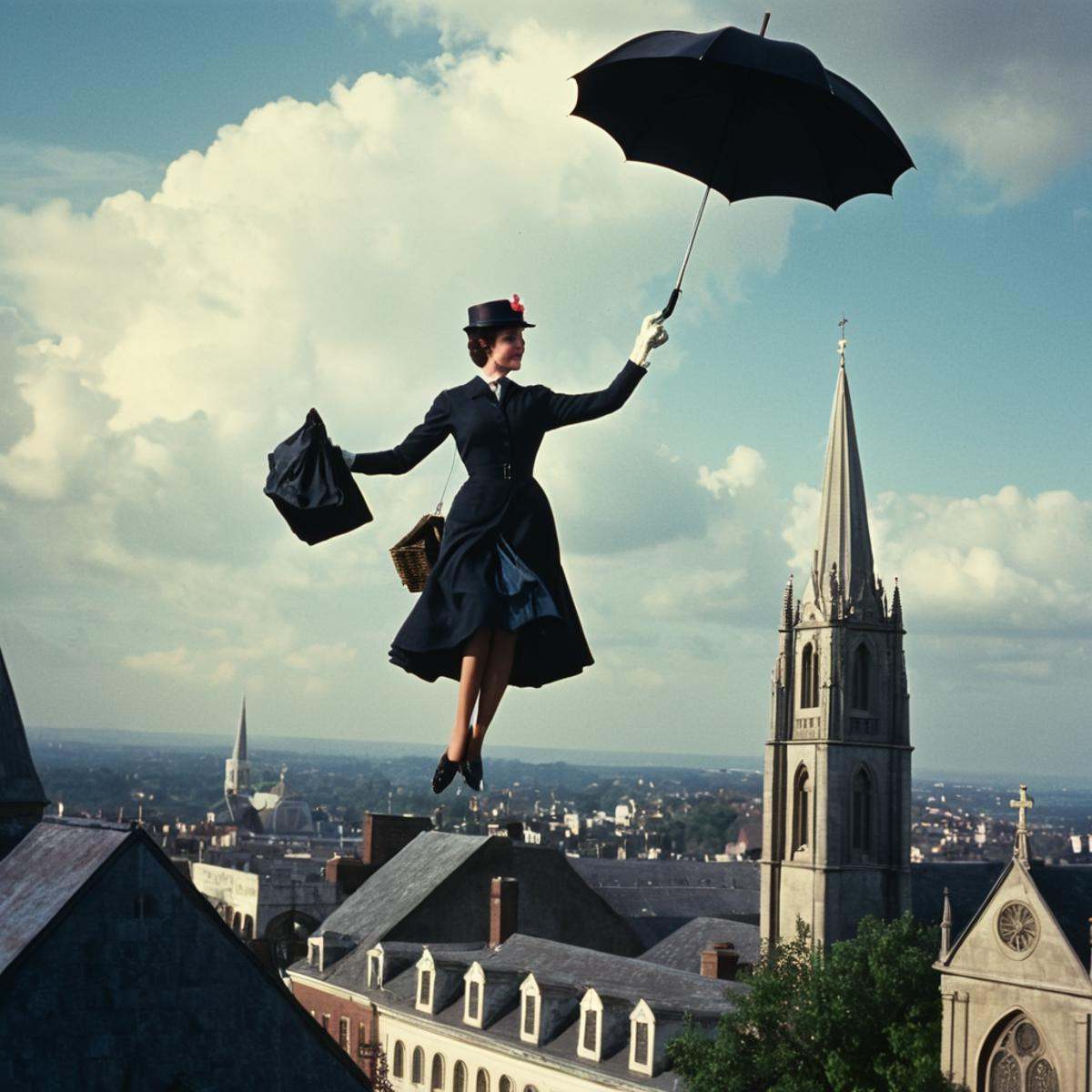 cinematic film still of In the 1960's a mary poppins woman flying over a city while holding an umbrella with a church in t...