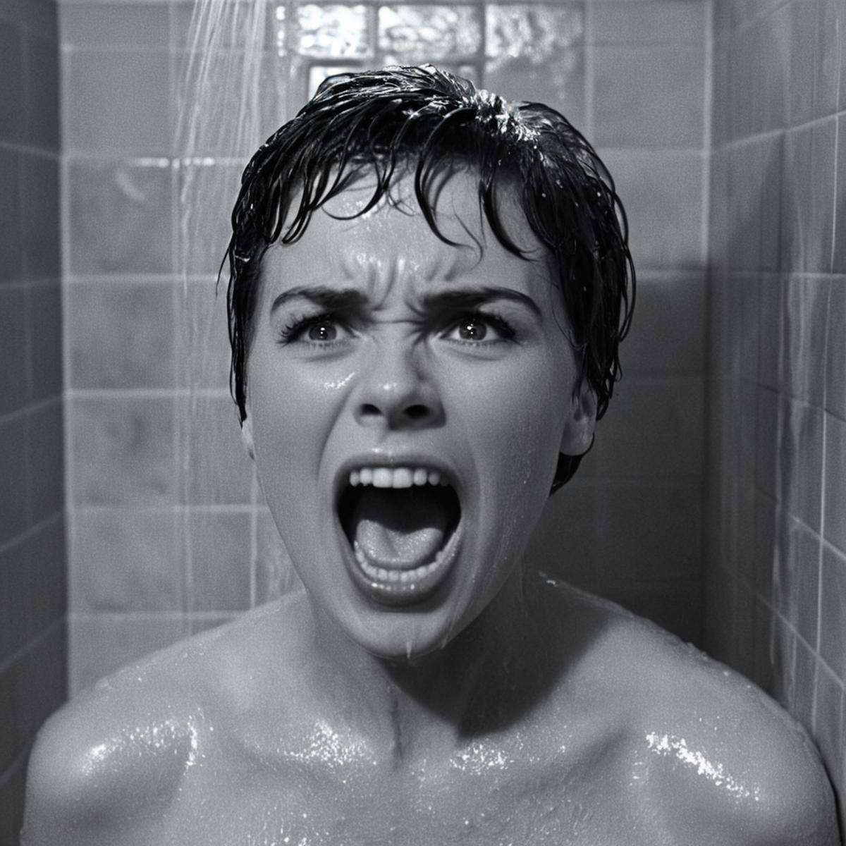 cinematic film still of In the 1960's a screaming wet woman with mouth open in a shower,  solo,  short hair on Tensor.Art