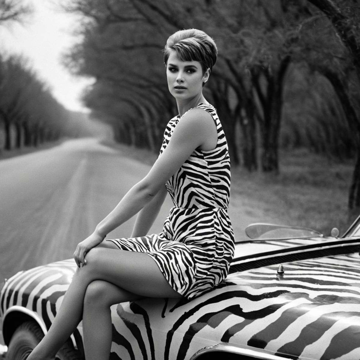 cinematic film still of In the 1960's a woman in a zebra dress is sitting on a zebra paint car,  1girl,  solo on Tensor.Art